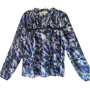 Ann Taylor Loft Women Blouse Size:L Printed Blue White Long Sleeve Shirt Top